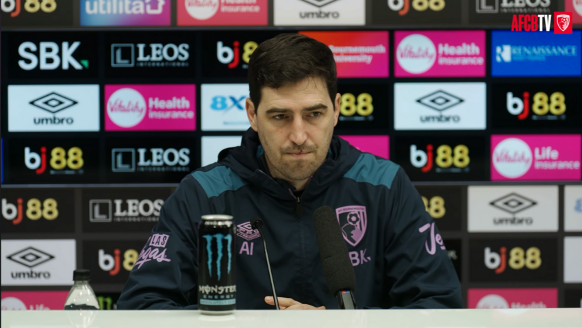 Andoni Iraola speaking at a press conference