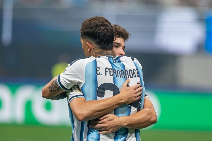 Enzo Fernandez and Julian Alvarez playing for Argentina against Egypt at the 2026 World Cup